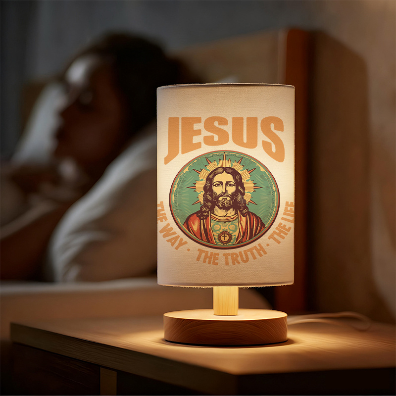 Modern USB-Powered Linen Table Lamp Christ Religious Design