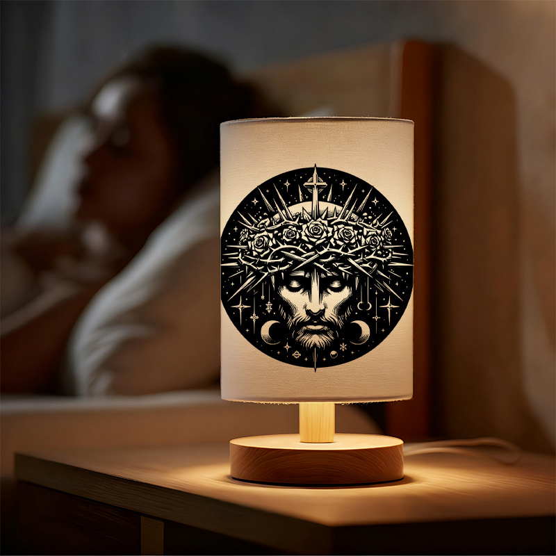 Modern USB-Powered Linen Table Lamp with Crown and Face Design