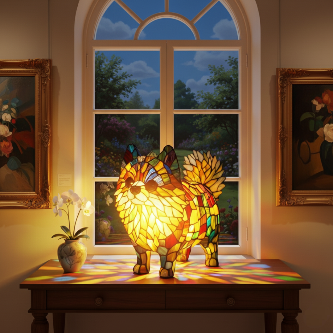 Stained Glass Pomeranian Lamp