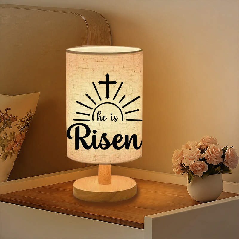 Modern USB-Powered Linen Table Lamp with Christian Cross & "He is Risen" Design