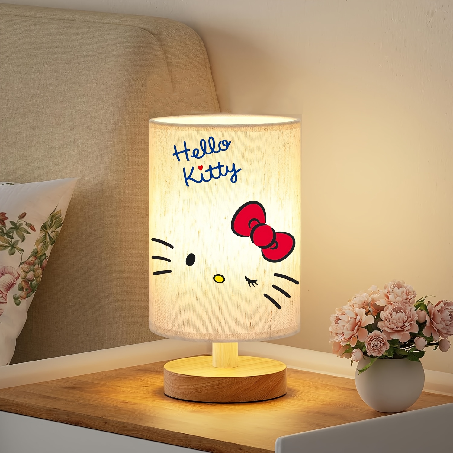 Hello Kitty Table Lamp | Three-Color Dimmable, Wooden Nordic-Style