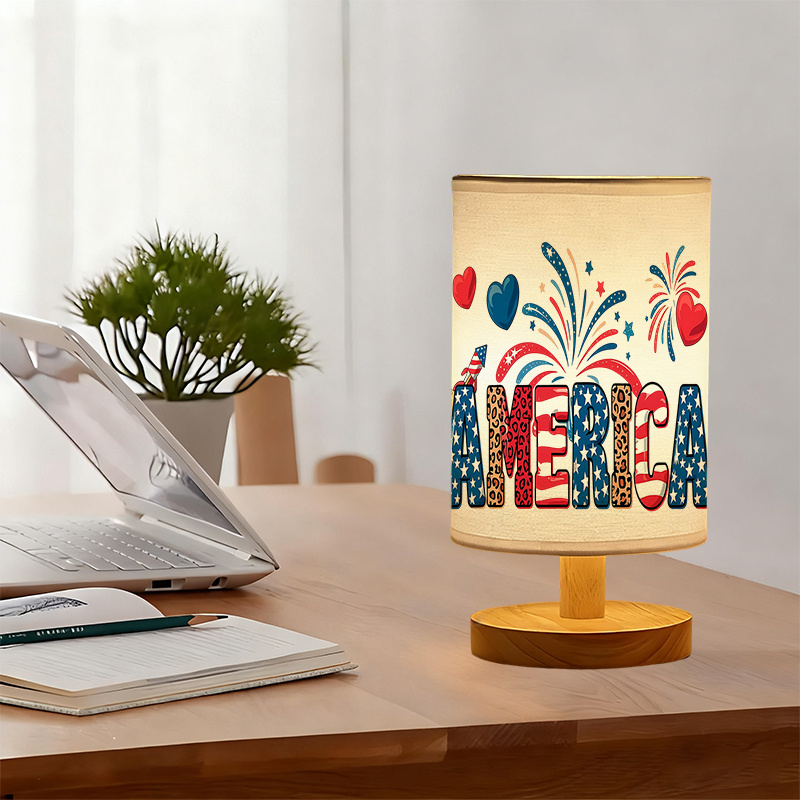 America Word USB Powered Linen Table Lamp With Creative Pattern
