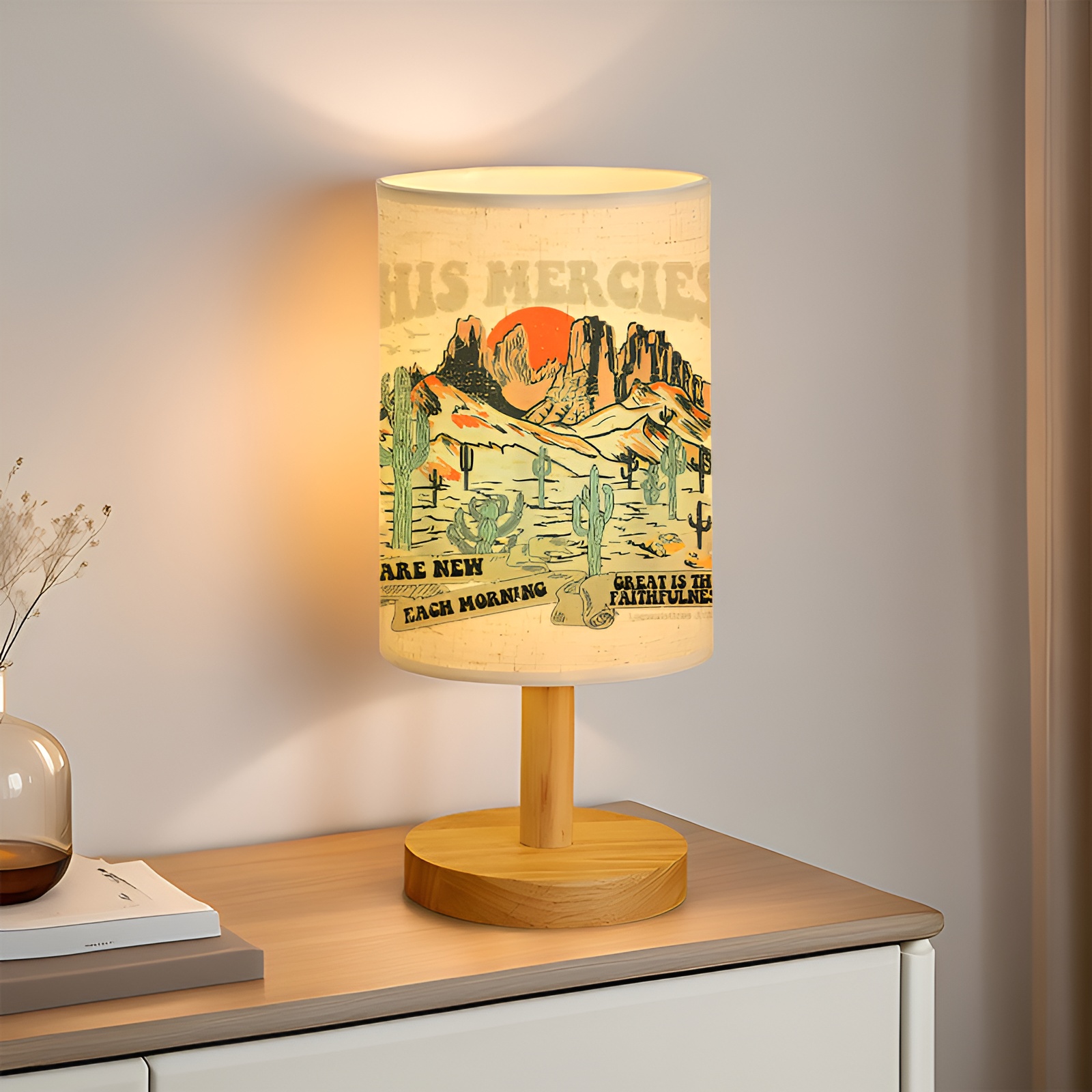 Modern USB-Powered Linen Table Lamp with Western Desert Landscape