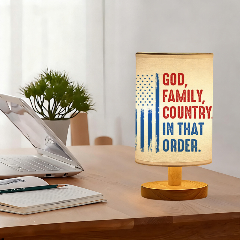 Modern USB-Powered Linen Table Lamp with Flag & "God for family Country in That Order" Design