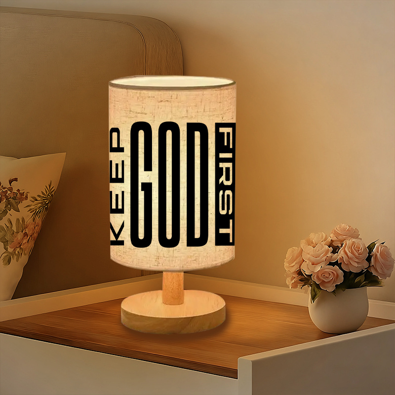 Modern USB-Powered Linen Table Lamp with "Keep God First" Inspirational Message