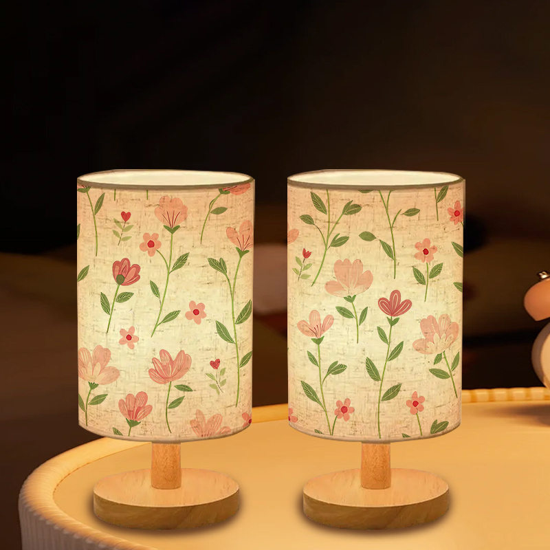 Double-Sided Bedside Lamp with Pink Floral & Green Foliage Linen Shade