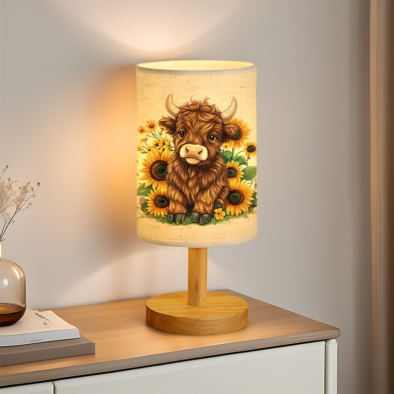 Modern USB Powered Linen Table Lamp with Highland Cow and Sunflowers Design
