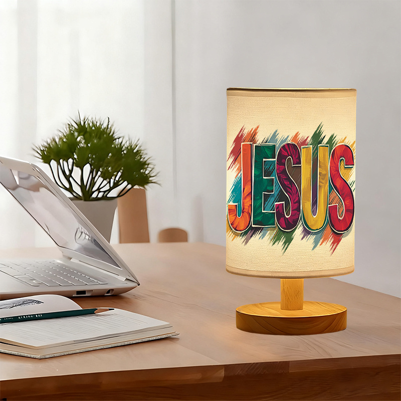 Modern USB-Powered Linen Table Lamp with Multicolor " " Lettering & Christian Cross Design