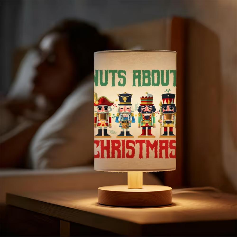 Nuts About Christmas Print Table Lamp With Nutcracker Design And Wooden Base