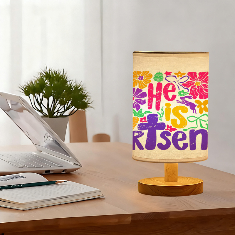 Modern USB-Powered Linen Table Lamp with Floral & "He is Risen" Christian Design