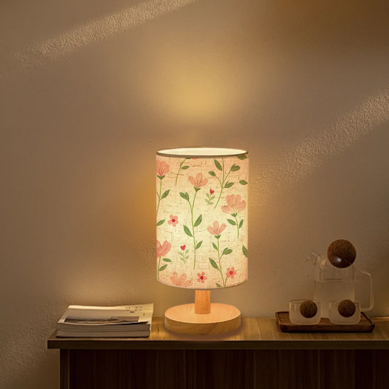 Double-Sided Bedside Lamp with Pink Floral & Green Foliage Linen Shade