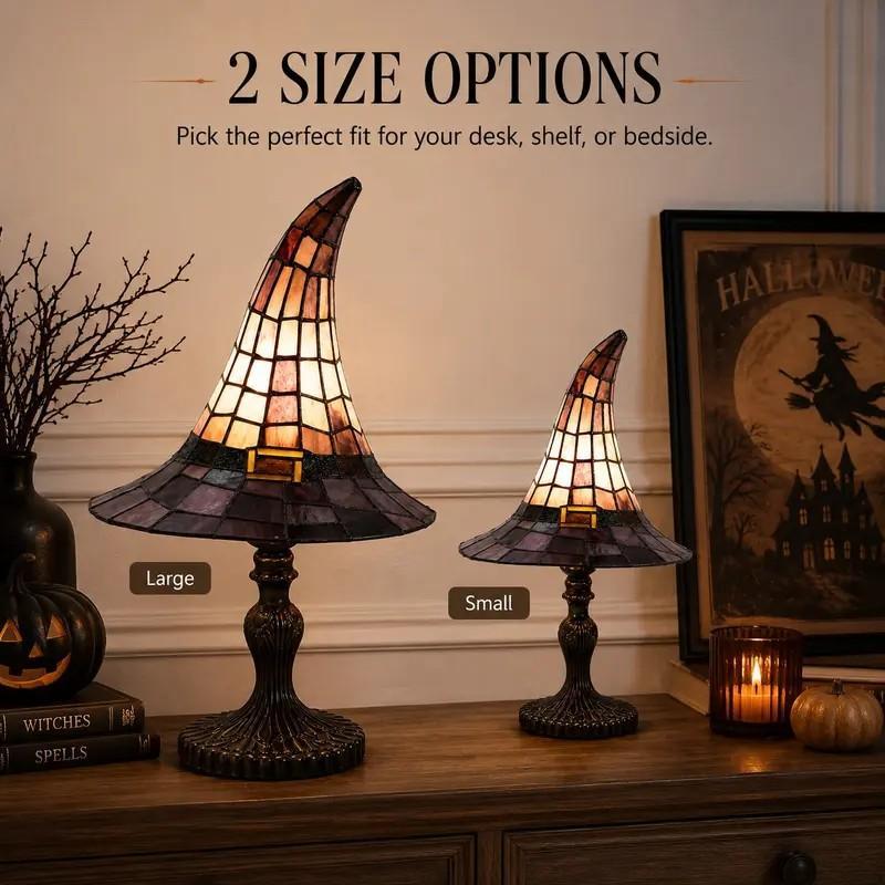 Colorful witch hat table lamps, large and mini Halloween Tiffany-style decorative lamps, spooky desktop nightlights, perfect for family gatherings and bedroom décor.