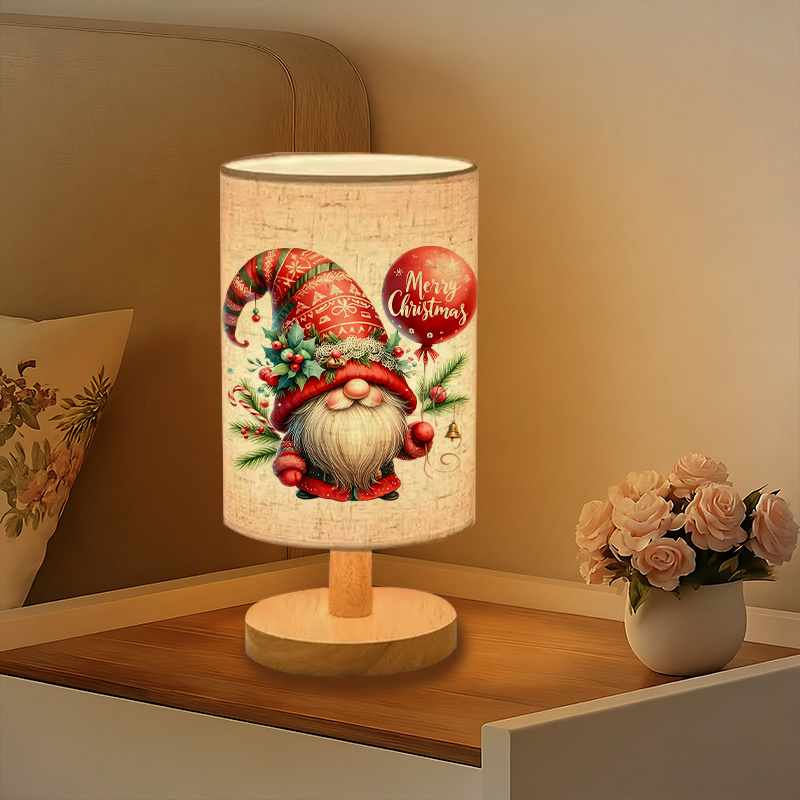 USB Powered Linen Table Lamp With Festive Gnome And Merry Christmas Design 