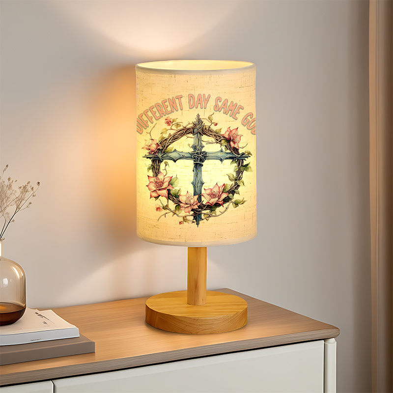 Table Lamp with Floral Cross & "One Day More Like Less Like Me" Design