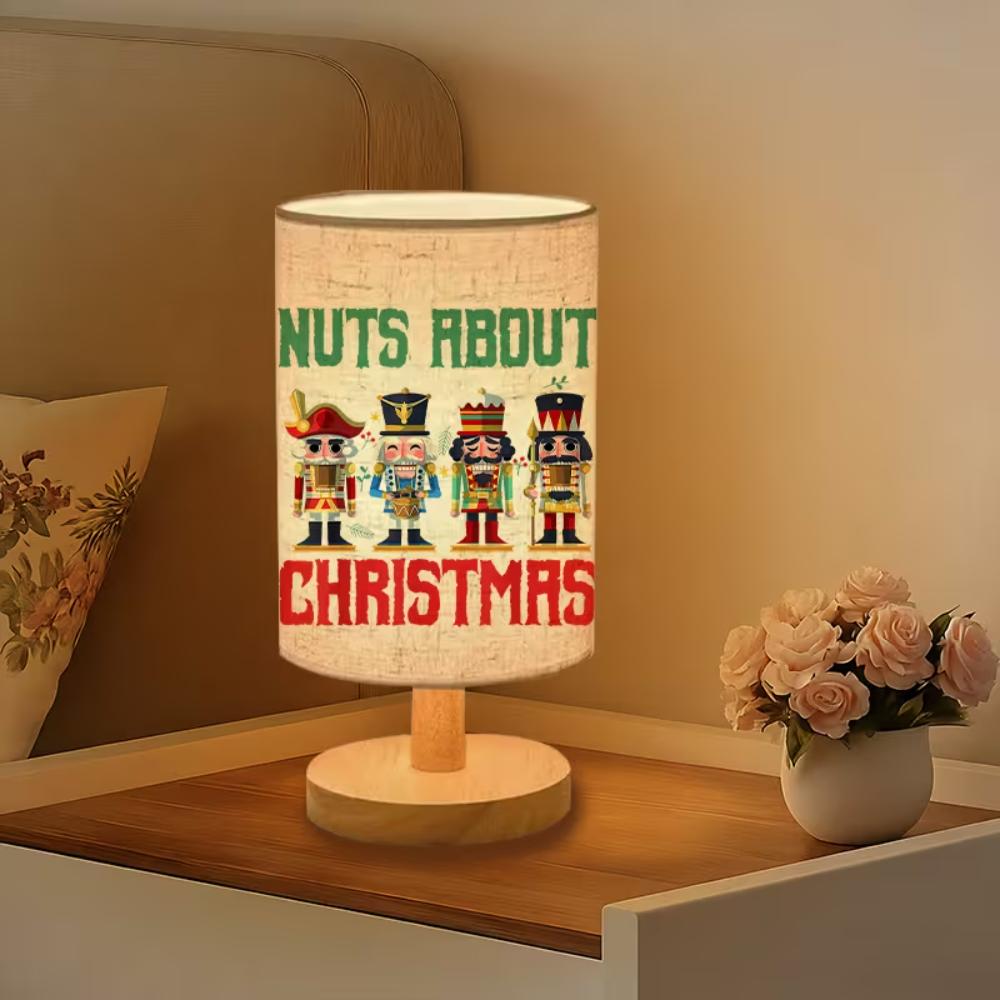Nuts About Christmas Print Table Lamp With Nutcracker Design And Wooden Base