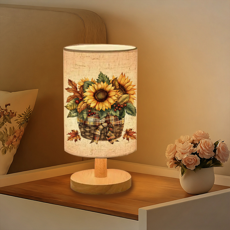 USB-Powered Linen Table Lamp with Sunflower & Rustic Farmhouse Design