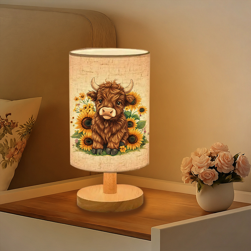 Modern USB Powered Linen Table Lamp with Highland Cow and Sunflowers Design
