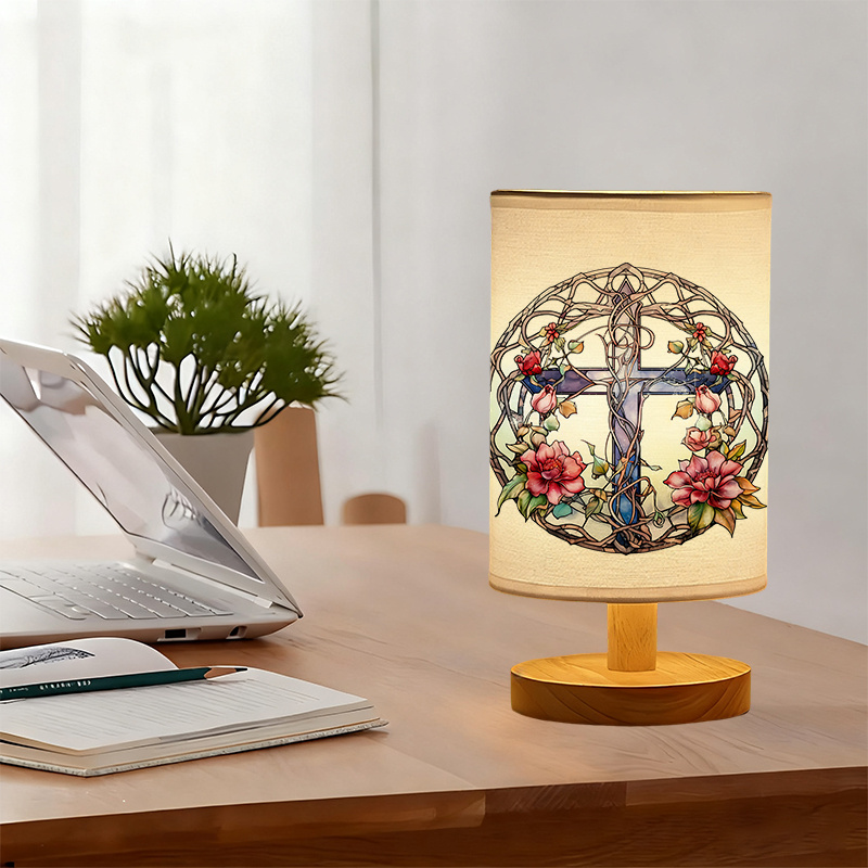 Modern USB-Powered Linen Table Lamp with Floral Tree of Life Design