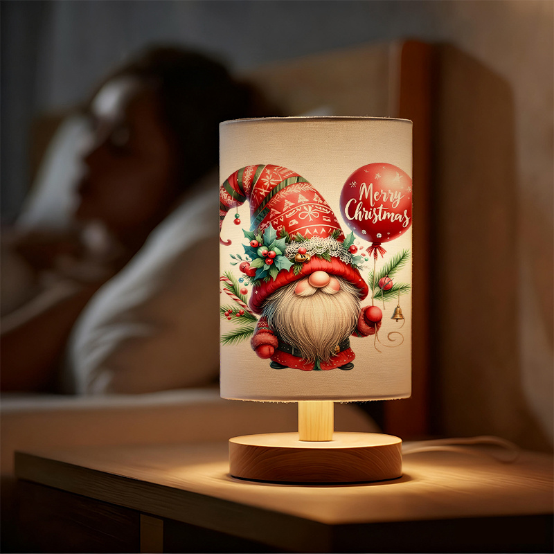 USB Powered Linen Table Lamp With Festive Gnome And Merry Christmas Design 