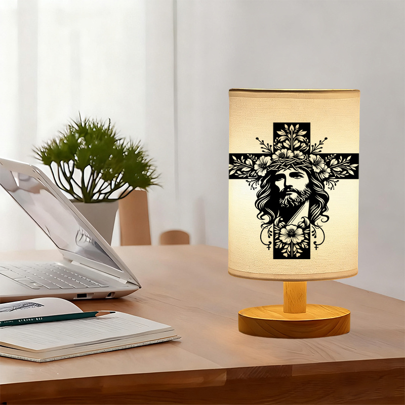 USB Powered Linen Table Lamp With Christ Cross Design