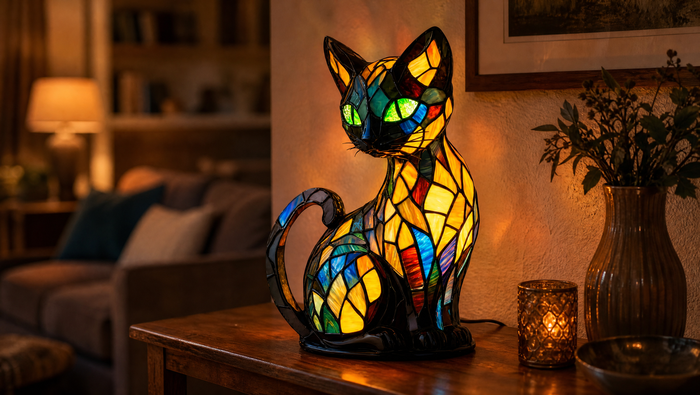 Stained glass style cat lamp glowing warmly on a living room console table