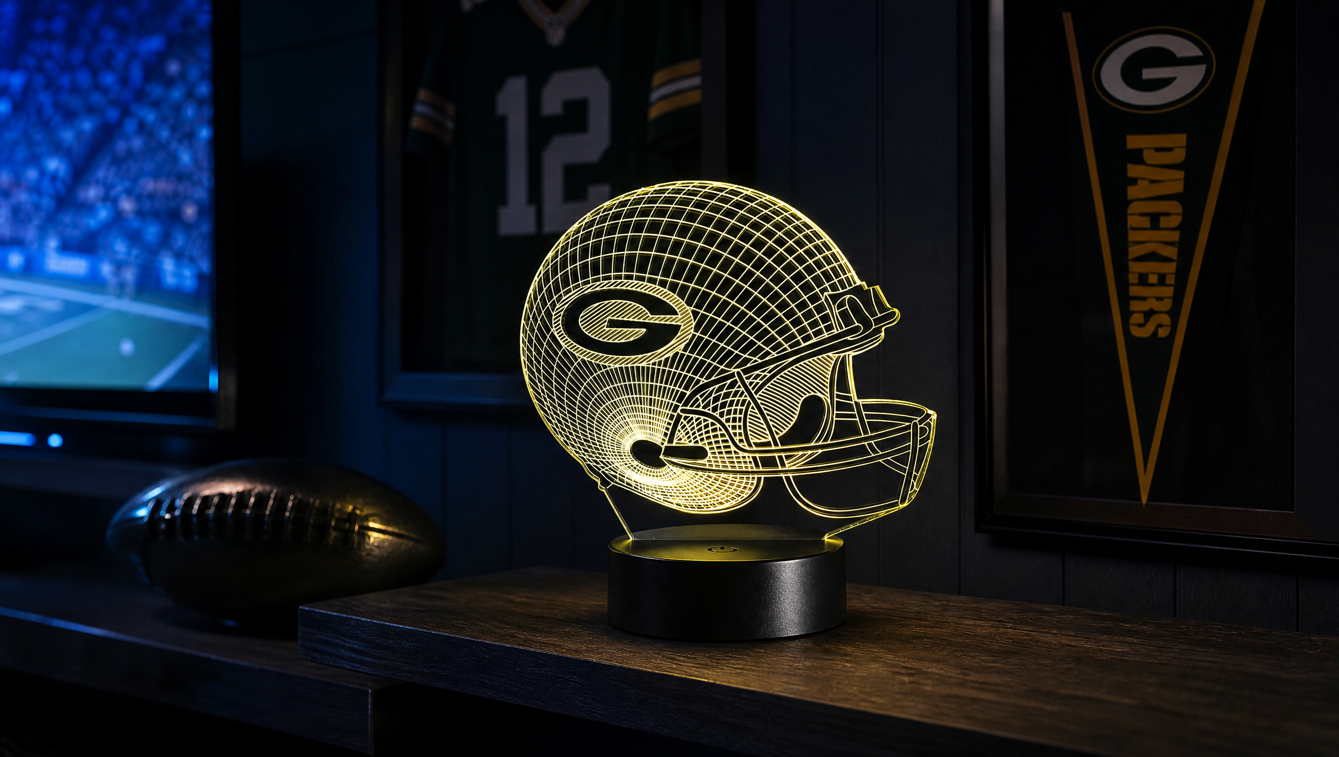 Green Bay Packers football helmet 3D LED lamp glowing in a basement fan cave