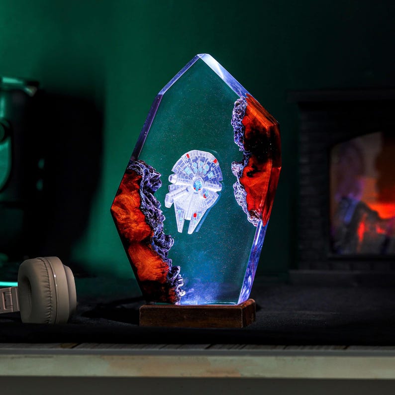 Spaceship Galaxy Epoxy Wooden Night Lamp Decor