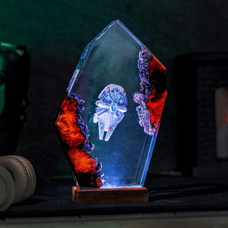 Spaceship Galaxy Epoxy Wooden Night Lamp Decor