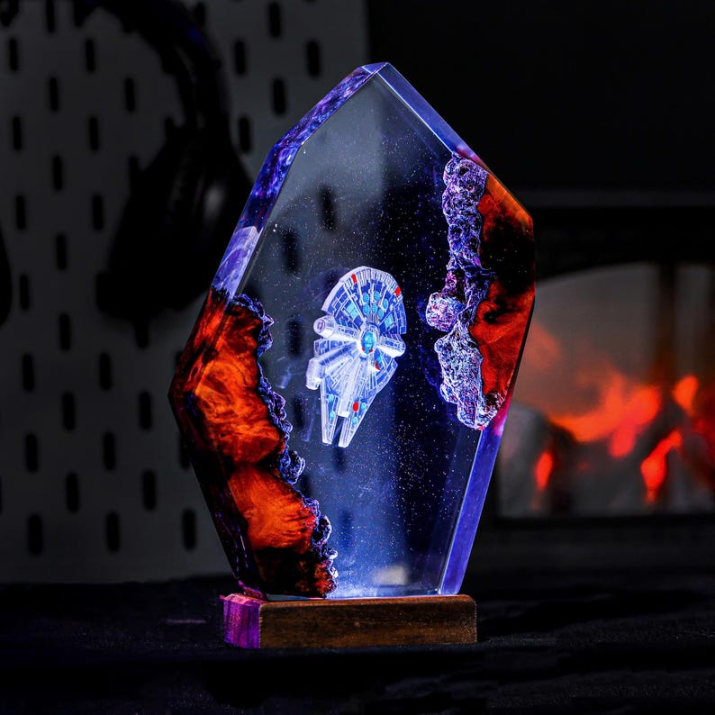 Spaceship Galaxy Epoxy Wooden Night Lamp Decor