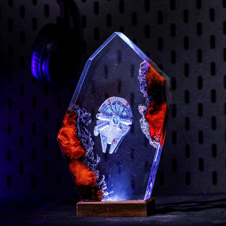 Spaceship Galaxy Epoxy Wooden Night Lamp Decor