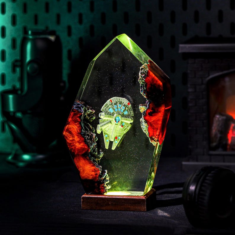 Spaceship Galaxy Epoxy Wooden Night Lamp Decor