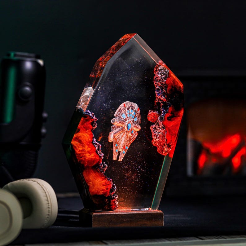 Spaceship Galaxy Epoxy Wooden Night Lamp Decor