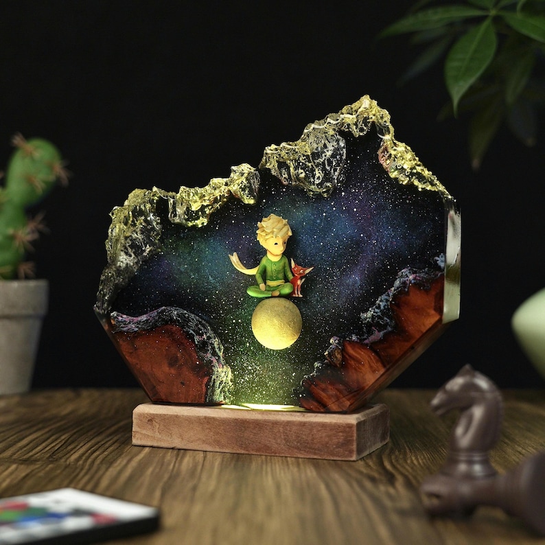 Handmade Little Prince Galaxy Resin Lamp With Fox