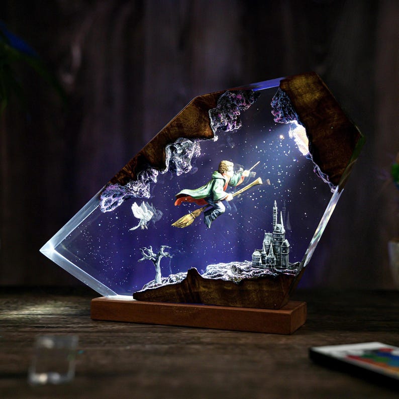 Wizard Boy Flying Resin Lamp Fantasy Decor