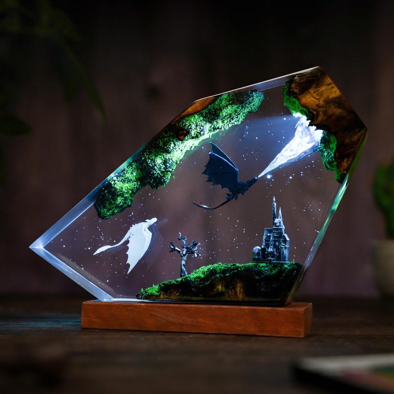 Flying Httyd Dragon Resin Lamp With Forest Castle