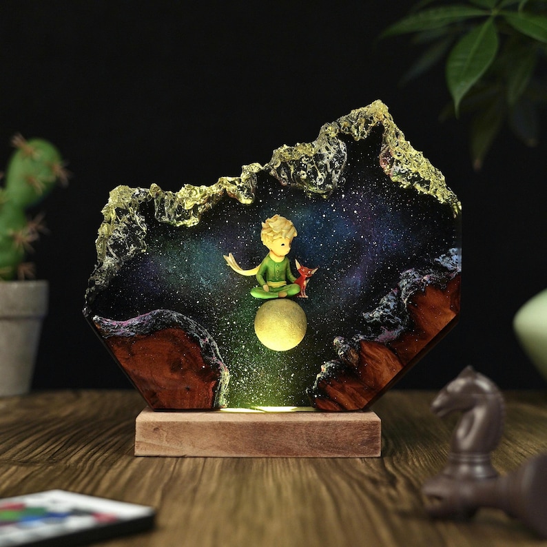 Handmade Little Prince Galaxy Resin Lamp With Fox