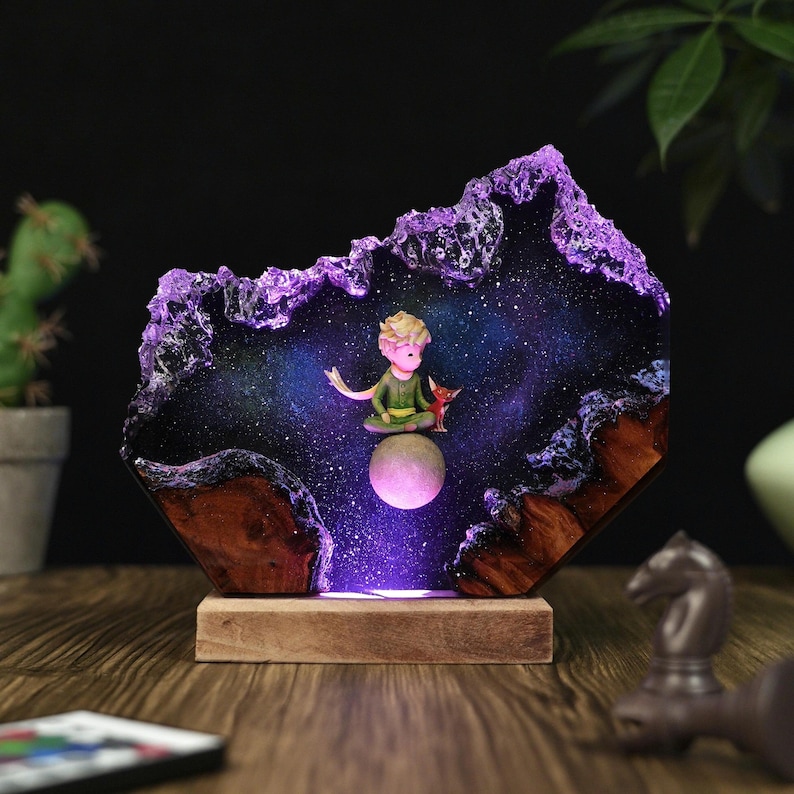 Handmade Little Prince Galaxy Resin Lamp With Fox