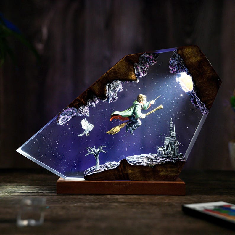 Wizard Boy Flying Resin Lamp Fantasy Decor
