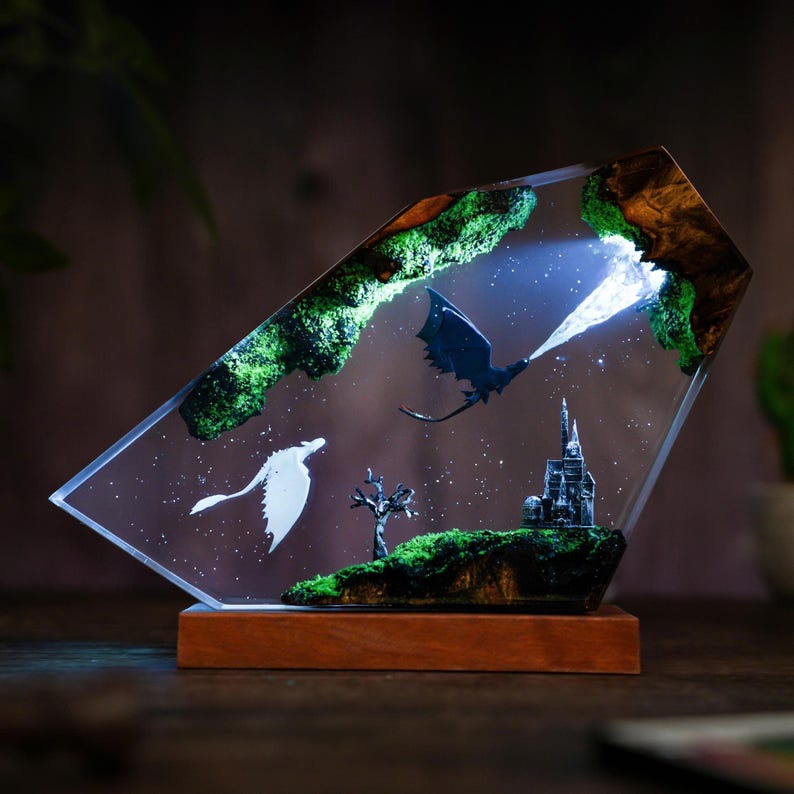 Flying Httyd Dragon Resin Lamp With Forest Castle