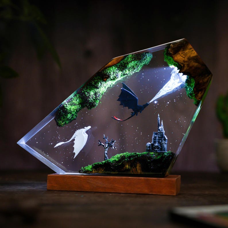 Flying Httyd Dragon Resin Lamp With Forest Castle