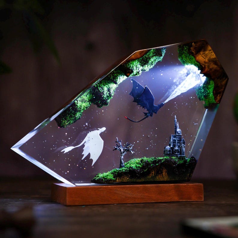 Flying Httyd Dragon Resin Lamp With Forest Castle