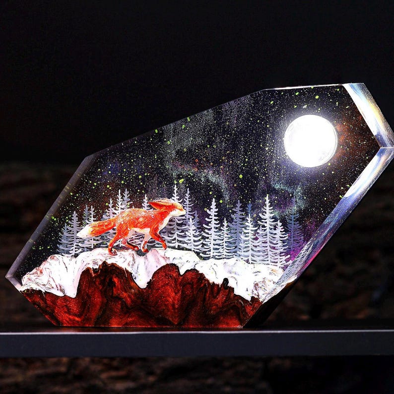 Red Fox Winter Snowy Forest Epoxy Lamp