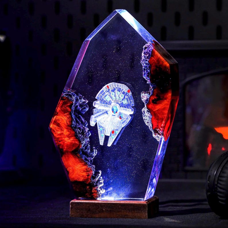 Spaceship Galaxy Epoxy Wooden Night Lamp Decor