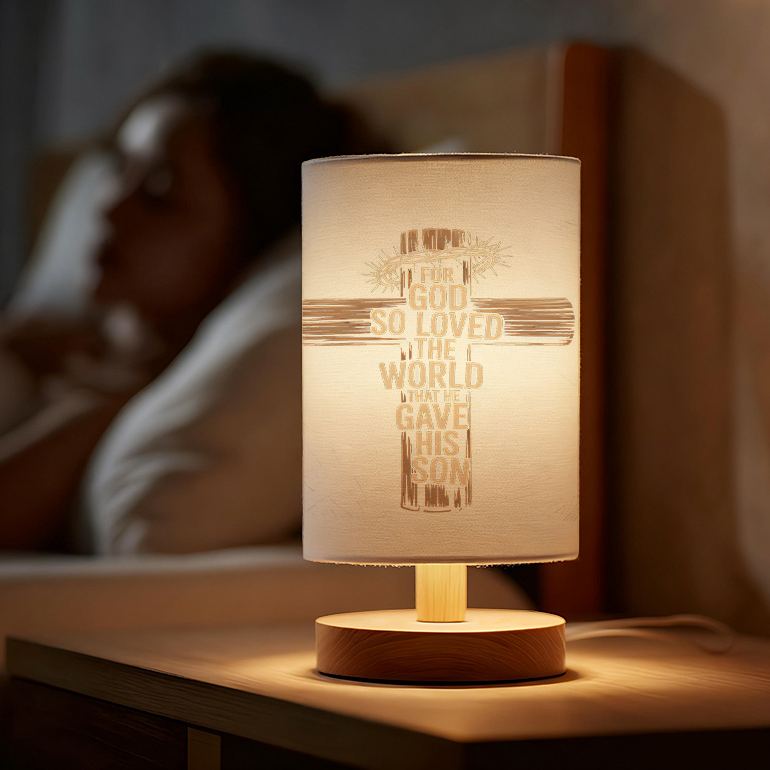 Modern USB-Powered Linen Table Lamp with Inspirational Bible Verse Design 