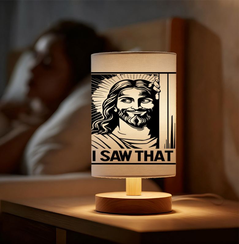 Modern USB-Powered Linen Table Lamp Christ "I Saw That" Design