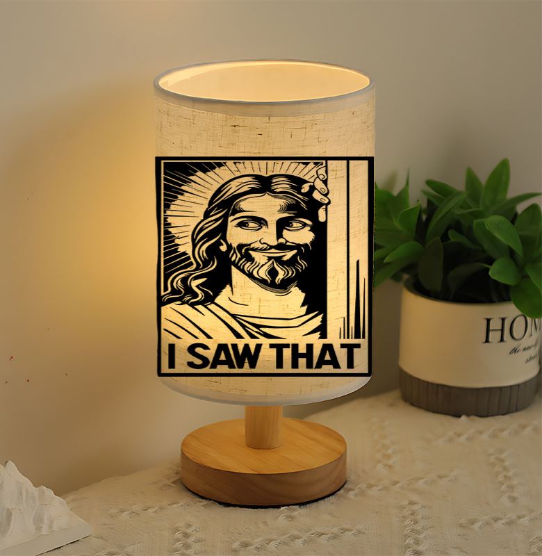 Modern USB-Powered Linen Table Lamp Christ "I Saw That" Design