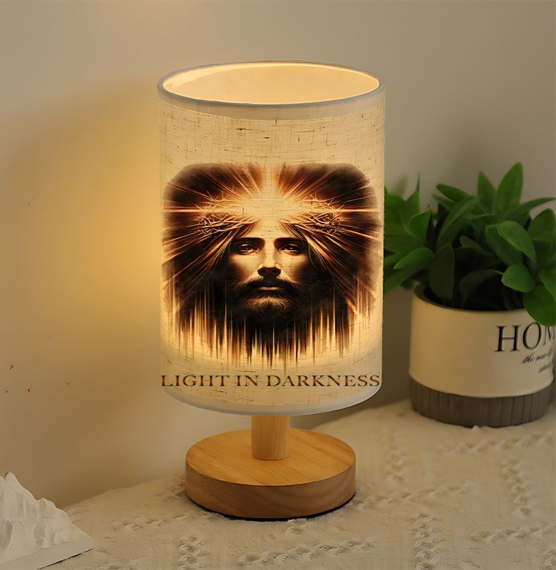 Modern USB-Powered Linen Table Lamp Christ Face Design & "Light in Darkness" Inscription