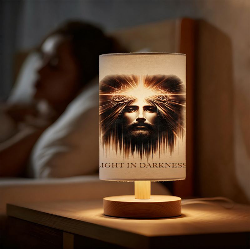 Modern USB-Powered Linen Table Lamp Christ Face Design & "Light in Darkness" Inscription