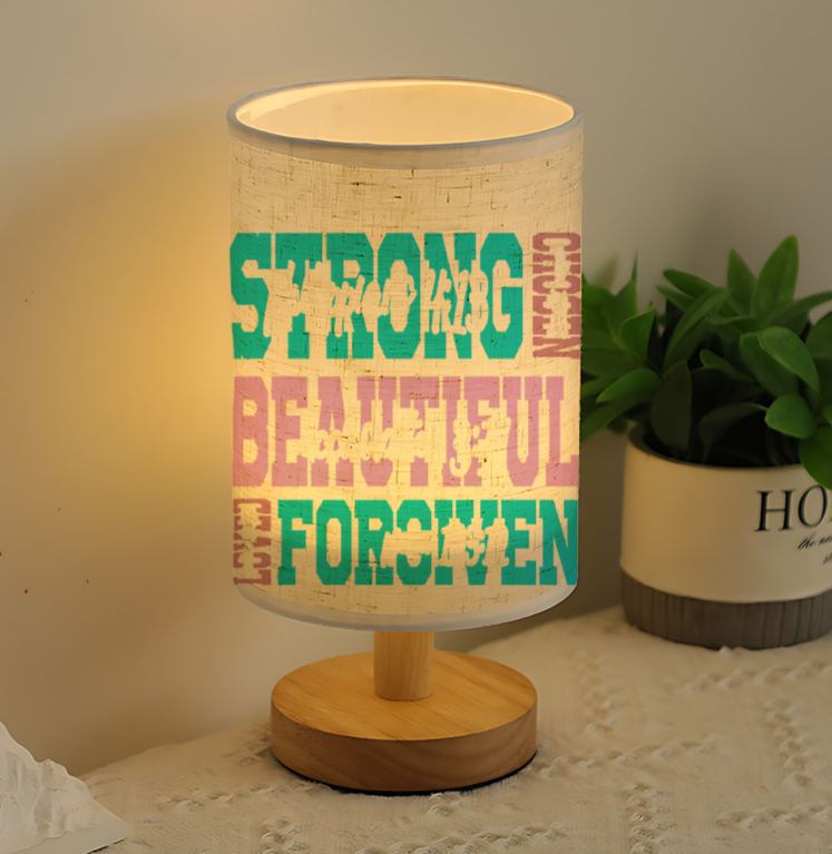 USB-Powered Linen Table Lamp with Inspirational "Strong Beautiful" Quote