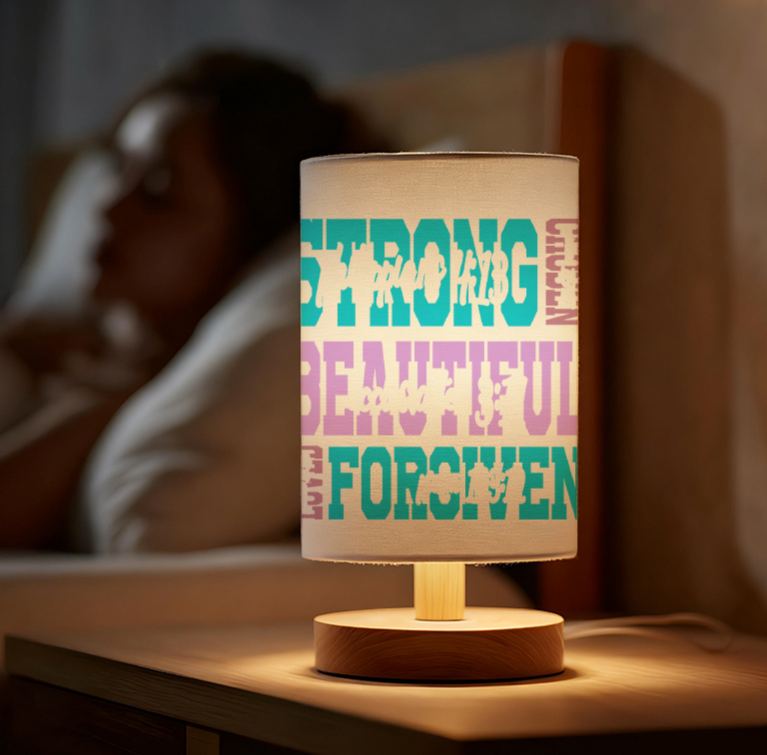 USB-Powered Linen Table Lamp with Inspirational "Strong Beautiful" Quote